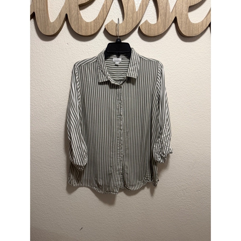 Avenue Womens Olive Green White Striped Roll Tab Sleeve Button Down Shirt 18/20